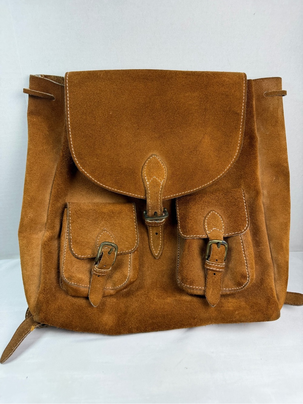 Vintage Backpack Brown Suede Leather Flap Pockets Handmade 13" Tall x 13" Wide